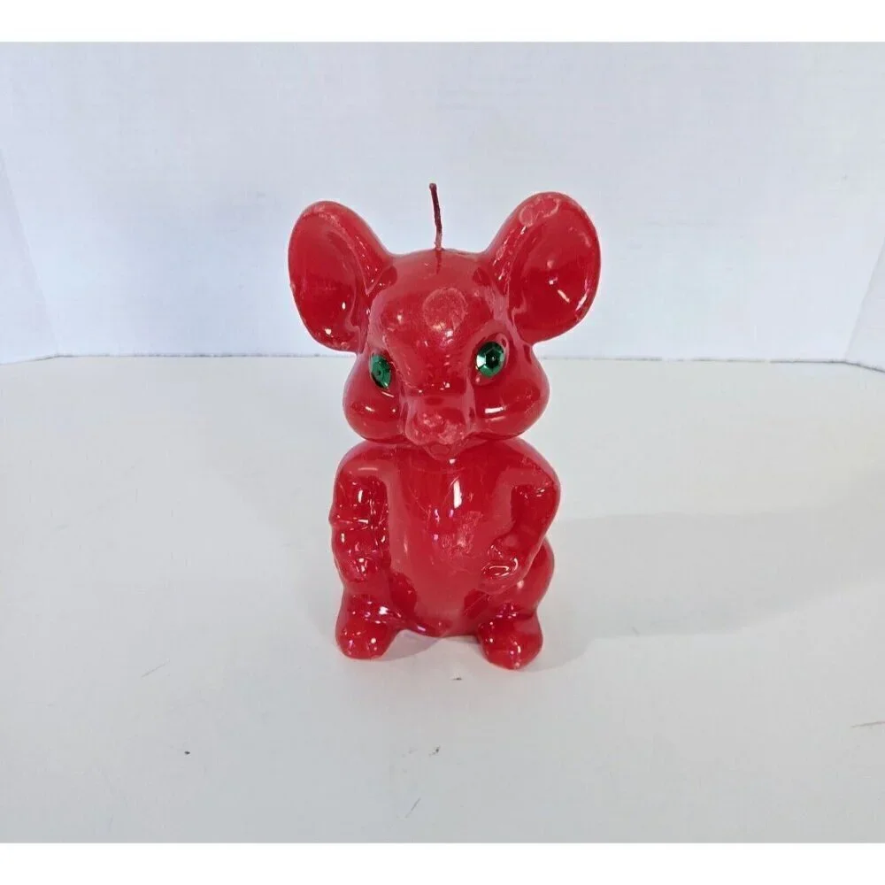 Vintage Candle Christmas Mouse Red With Green Sequin Eyes